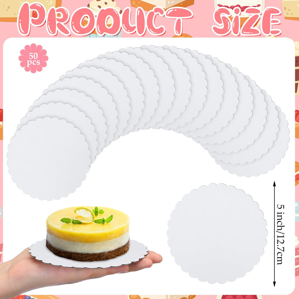 Newtay 50 Pcs 5 Inch Scalloped Bases Cake Boards Scalloped Bases White Mini Cake Boards for Mousse Cupcake Dessert Decorating Grease Proof Disposable Baking Supplies
