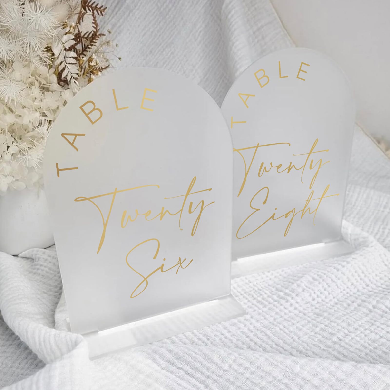 JINMURY Frosted Arch Wedding Table Numbers 1-30 with Stands, 5x7 Inch Acrylic Arch Sign with Golden Lettering, Frosted and Gold Table Numbers for Wedding Reception