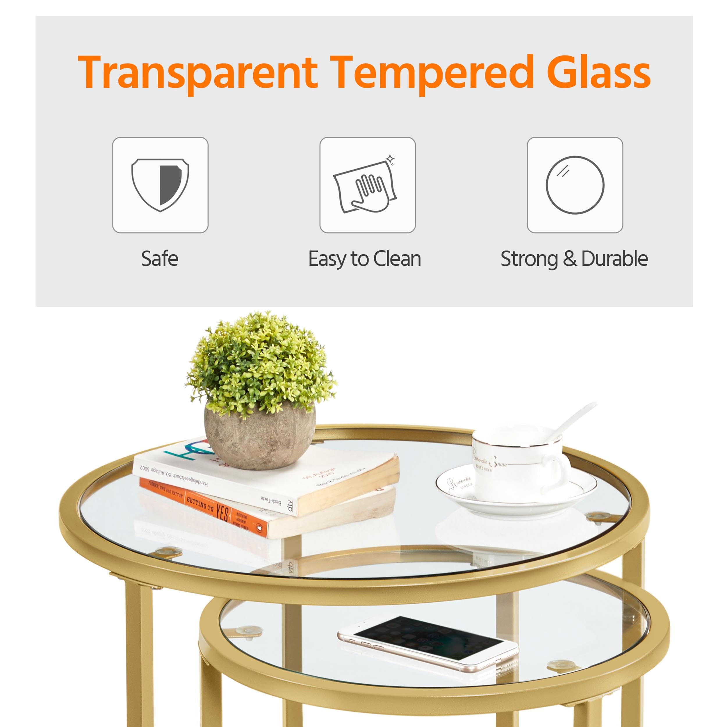 Yaheetech Round Nesting Side Table Stacking Coffee Table, Set of 2 Circular End Tables w/Metal Frame & Tempered Glass Top & Protective Foot Pads for Small Space Living Room Office, Mustard Gold