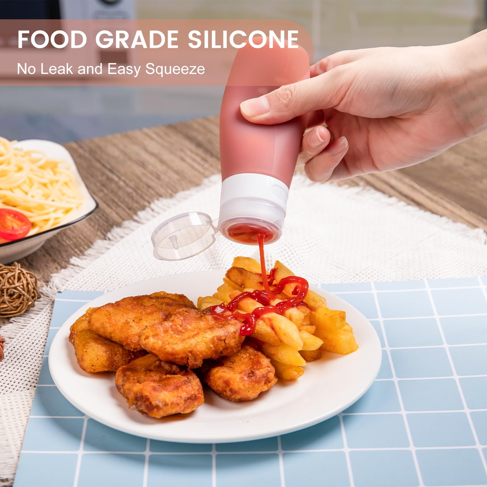 MICEBAY Condiment Squeeze Bottles for Sauces, 3-oz Mini Silicone Salad Dressing Container to Go with Reusable Sandwich Bag, Leakproof Sauce Bottle for Bento Lunch Box, 4 Pack, Candies