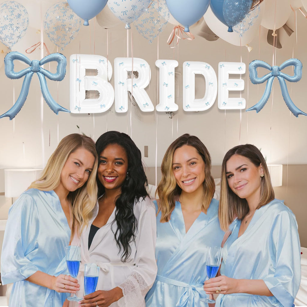 Skiennix 4Pcs Blue Bow Foil Balloons Set - Dusty Blue Mylar Balloons for Birthday & Baby Shower Decor