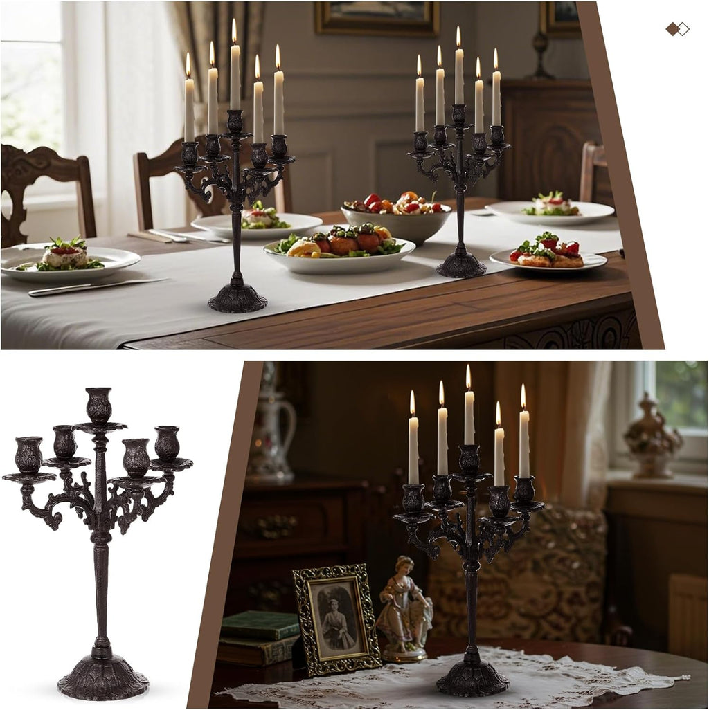 Mumufy Black 5-Arm Candelabra - Vintage Gothic Cast Iron Candle Holders | 16.7" Tall Centerpieces for Events