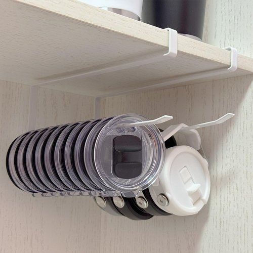 2 Pack Tumbler Lid Organizer for Yeti Tumbler & Stanley Water Bottles, Under Cabinet Cup Lid Holder, Space Saving Horizontal Storage Hook Up to 10 Mug Lids, Kitchen Paper Towel Rack Hanger, White