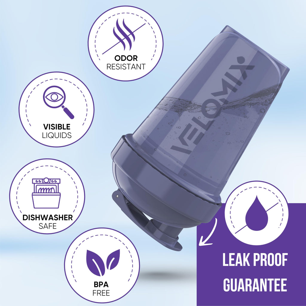 VELOMIX -4 PACK- 20 oz Protein Shaker Bottle for Protein Mixes - 4x Wire Whisk | Leak Proof Shaker Cups for Protein Shakes | Stackable Protein Shaker Bottle Pack | Dishwasher Safe (Blue Mirage)
