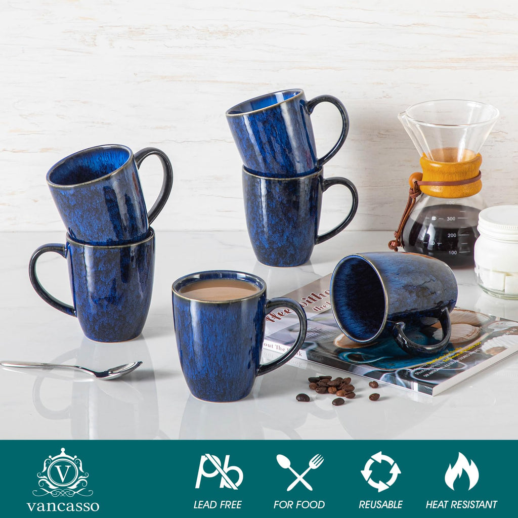 vancasso STARRY Ceramic Coffee Mug Set of 6, 12 Oz Tea Cups with Handle for Latte, Tea, Cappuccino, Milk, Cocoa, Microwave&Dishwasher Safe,Blue