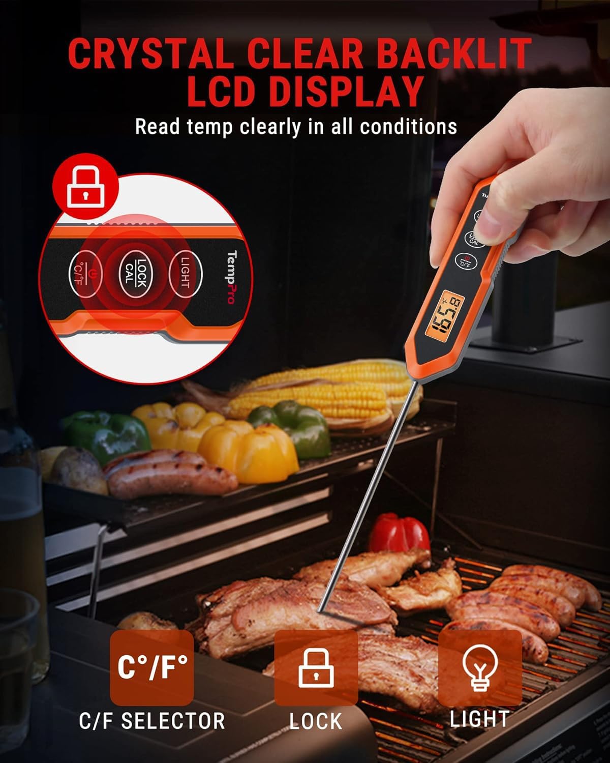 TempPro TP15H Waterproof Instant Read Meat Thermometer - Digital Cooking Thermometer with Backlight & Calibration | Perfect for BBQ, 10.47 x 1.16 x 0.69