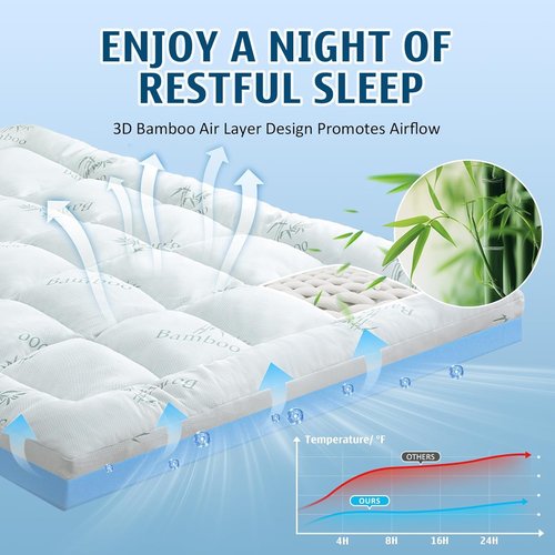 DOWNCOOL Queen Memory Foam Mattress Topper - 4 Inch Dual Layer with Gel & Pillow Top for Back Pain Relief