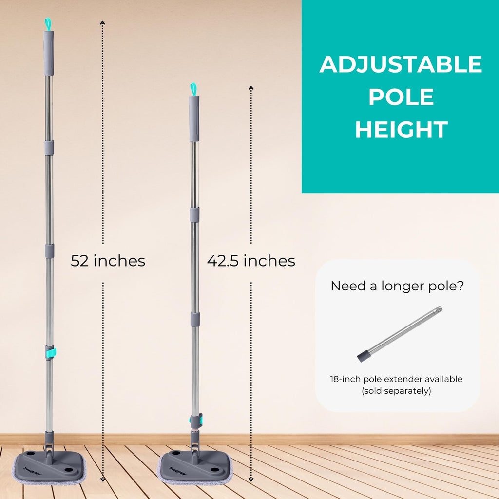 TRUE & TIDY Square Spin Mop & Bucket System – Dual Chamber for Clean & Dirty Water, 360° Rotating Self-Wringing Mop with Built-in Scrub Brush, Stainless Steel Handle & 2 Reusable Microfiber Mop Pads