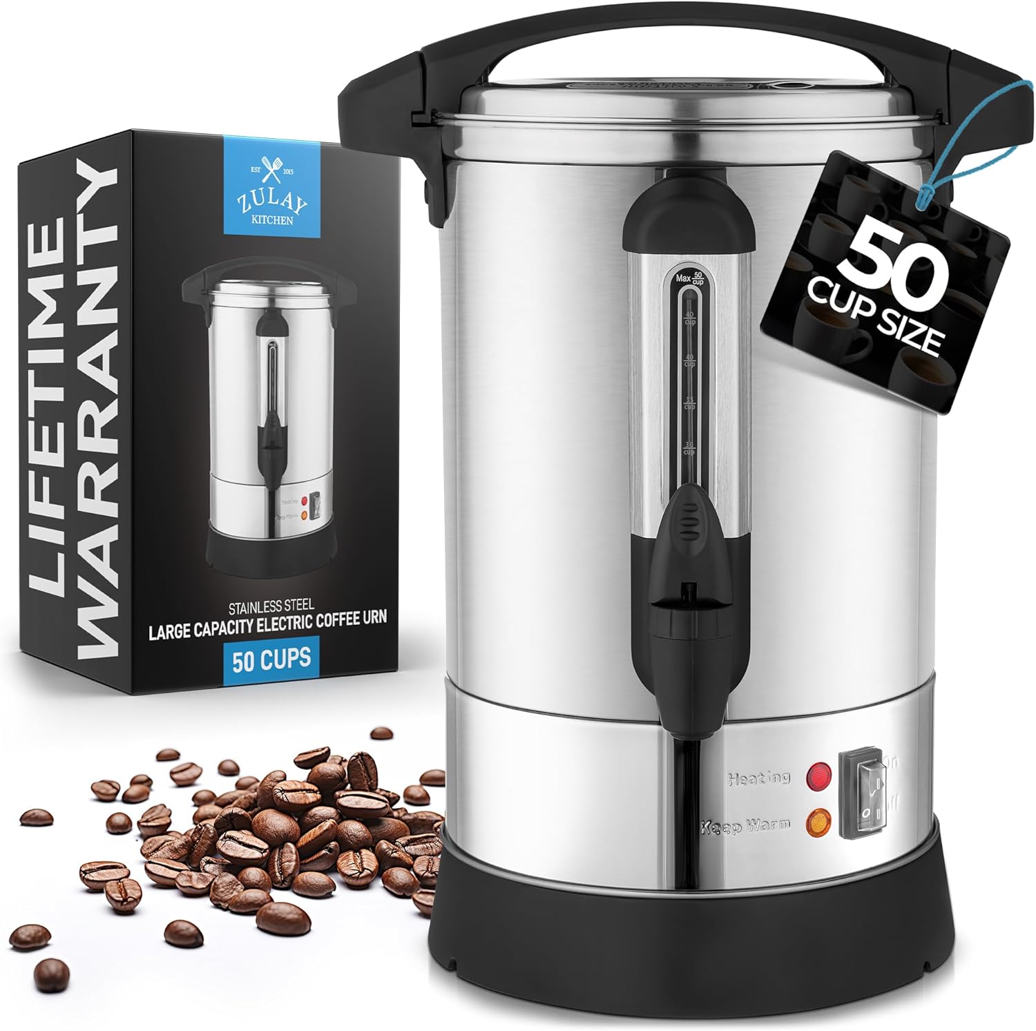 Zulay Kitchen Commercial Grade Coffee Maker - 50 Cups Double-Wall Stainless Steel Urn | Quick Brew & Keeps Beverages Hot - Silver