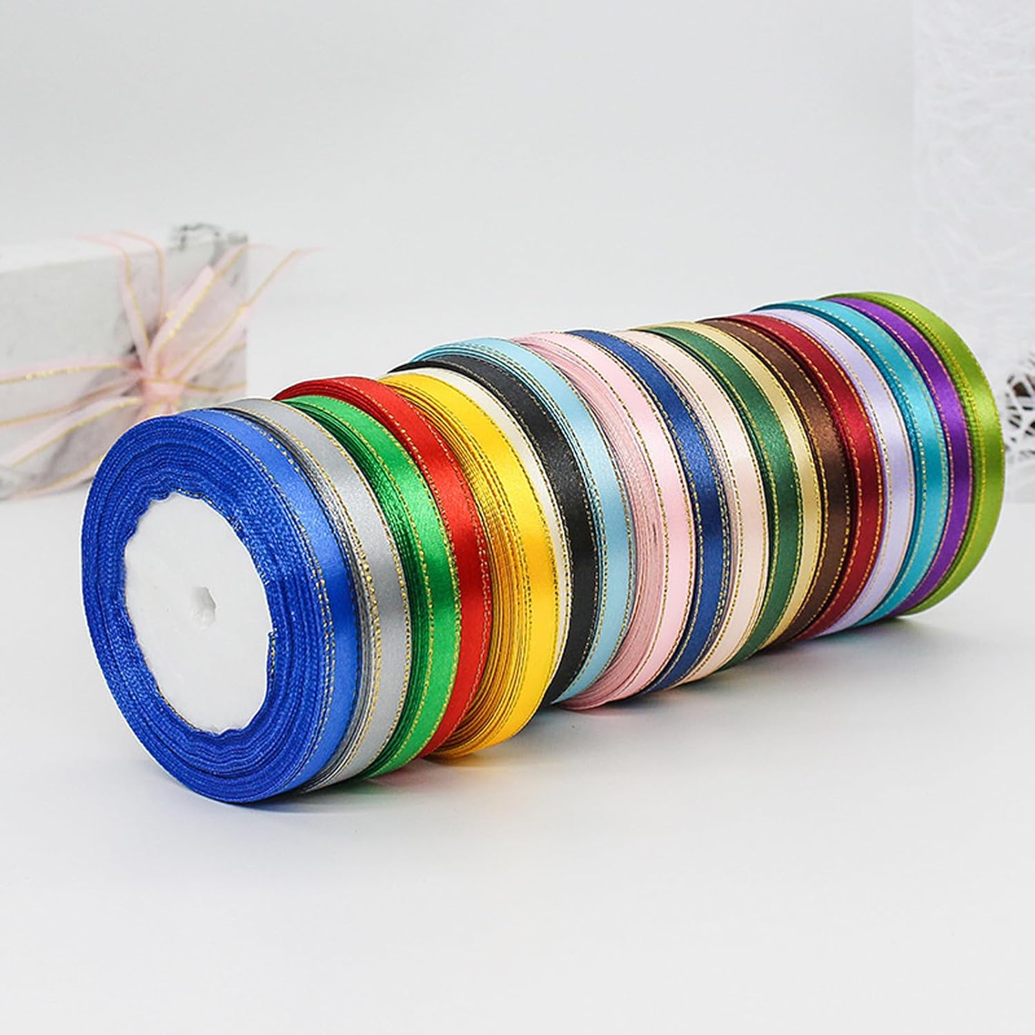Skiennix Light Pink Satin Ribbon - Gold Edges for Spring Gift Wrapping & DIY Crafts | 25 Yds x 3/8 in