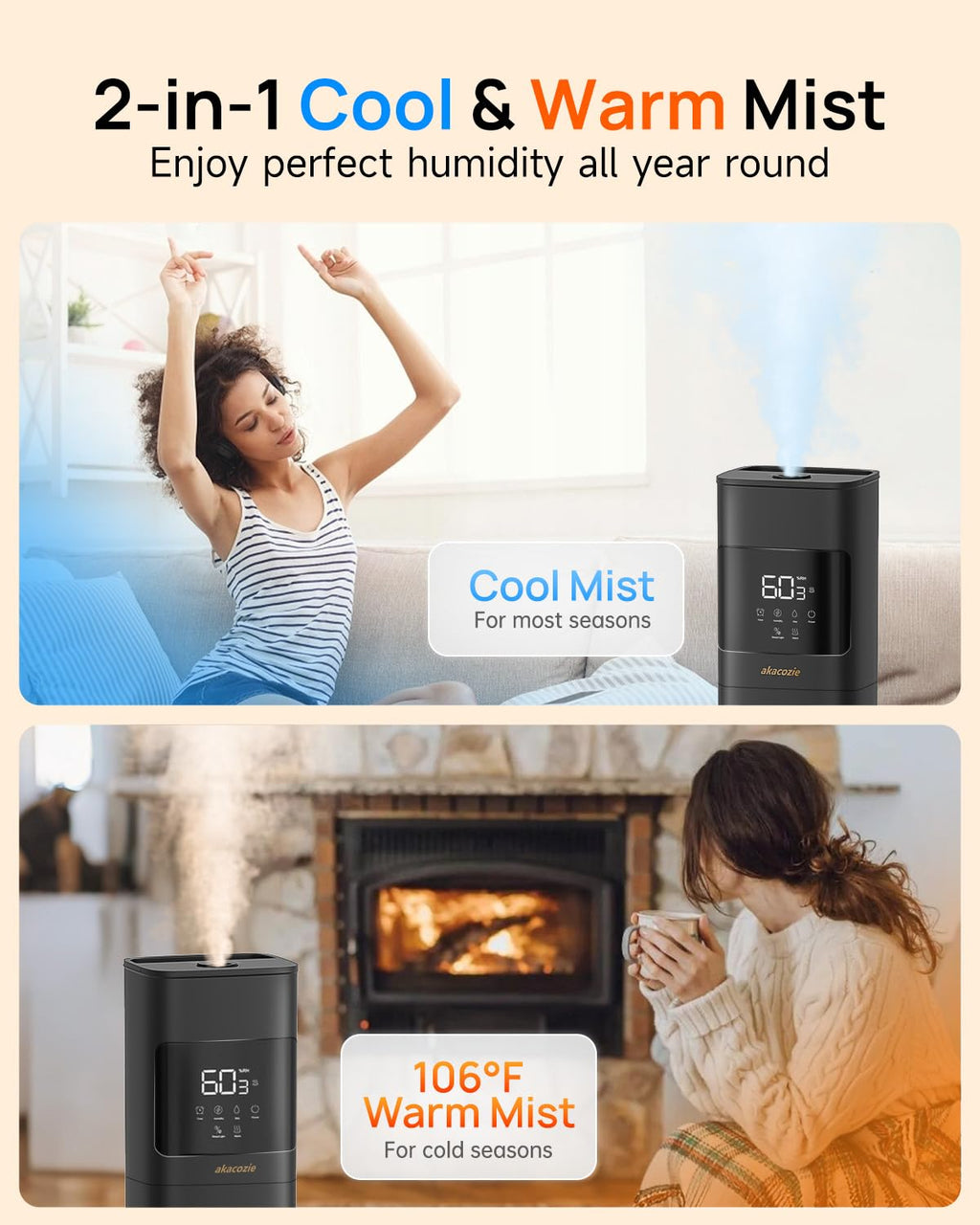 Akacozie Humidifiers for Bedroom, Humidifier Large Room, Black