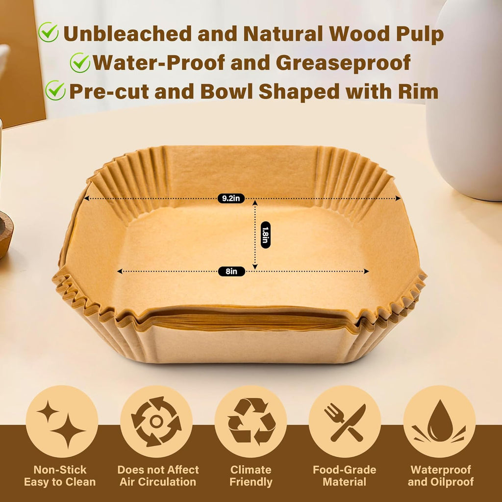 Air Fryer Liners | 125 Pcs Unbleached Non-Stick Parchment Paper | 8 Inch Square for 5-8QT Air Fryers