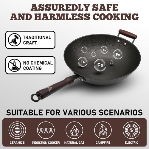 HONGJIANG Cast Iron Wok Pan with Lid, 12.6" Pre-Seasoned Flat Bottom Wok, Coating-Free Wok Stir Fry Pan, Compatible Traditional Chinese Wok for Induction, Electric, Gas, Open Fire
