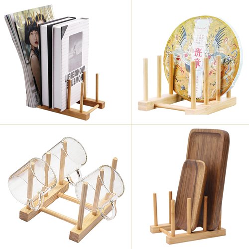 GZLT 2 Pack Bamboo Dish Rack for Kitchen Cabinet and Countertop, Plate Organizer for Cabinet, Bowls, Cups, Utensils, Pot Lids and Bottles, Cutting Board Holder Stand and Storage.