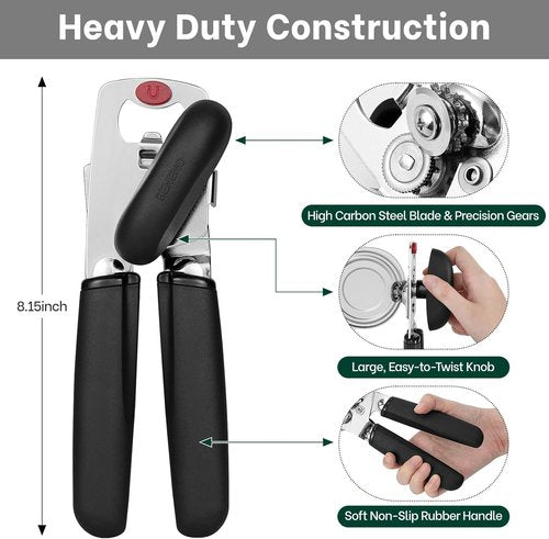 Beneno Can Opener - Heavy Duty Manual Design with Magnet Lid Lifter & Ergonomic Grip | Easy Use for Arthritis, Black