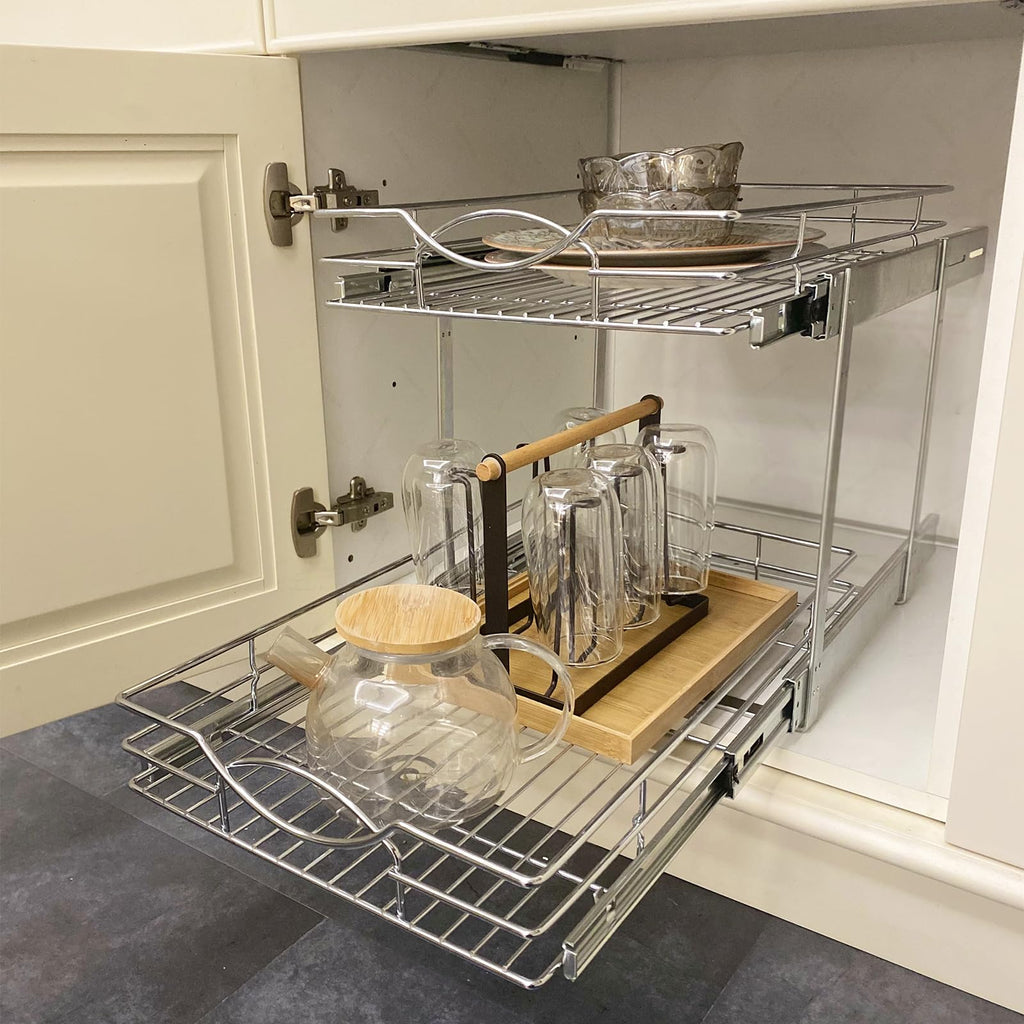 Sikarou Pull Out Cabinet Organizer 14" W x 21" D 2-Tier Individual Slide Out Drawer Pantry Shelf Storage for Kitchen Base Cabinet Organization for Kitchen, Bathroom, Pantry, Chrome
