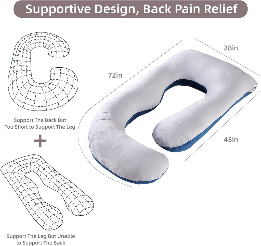 Skiennix 60 Inch U-Shaped Pregnancy Pillow - Cooling Full Body Maternity Support with Washable Velvet Cover | Light Grey & Blue