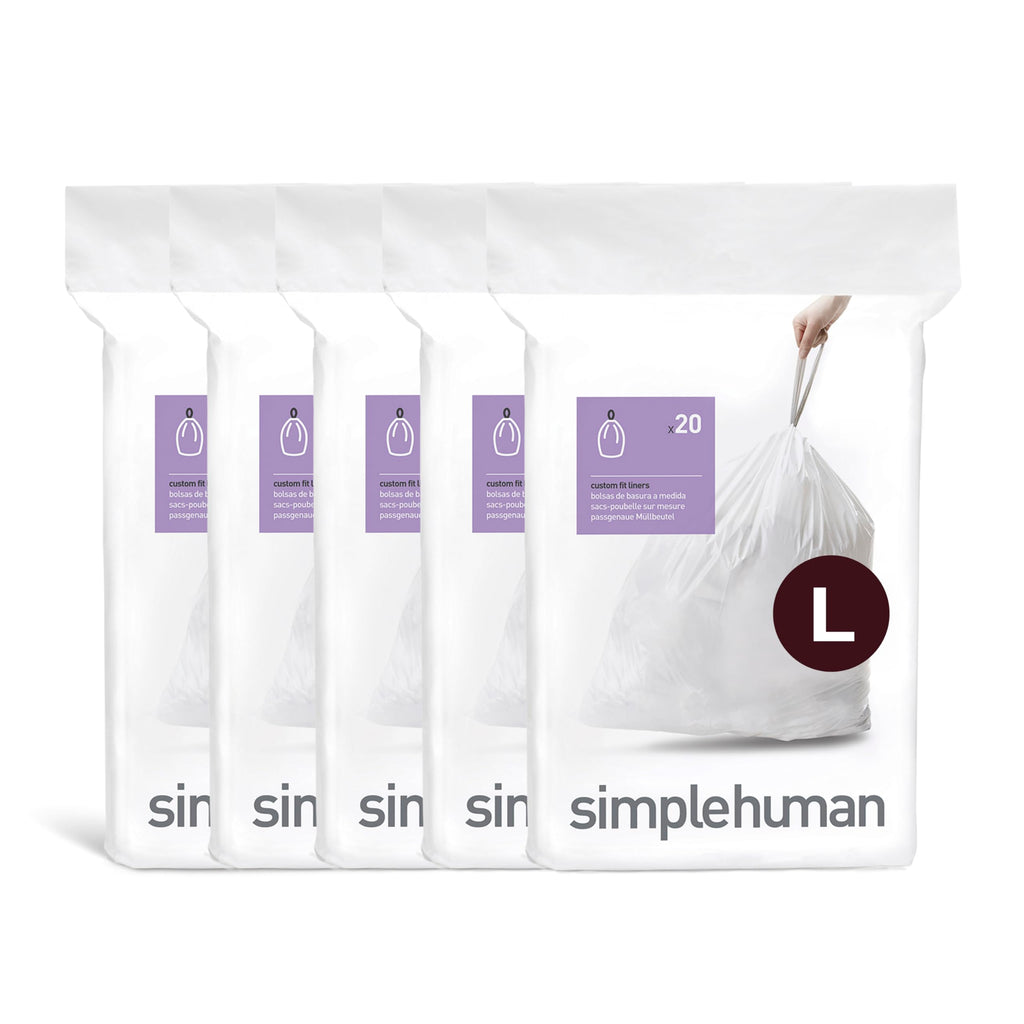 simplehuman Code L 100 Count, Dispenser Pack Custom Fit Liners, Drawstring Trash Bags, 18 Liter / 4.7 Gallon, White