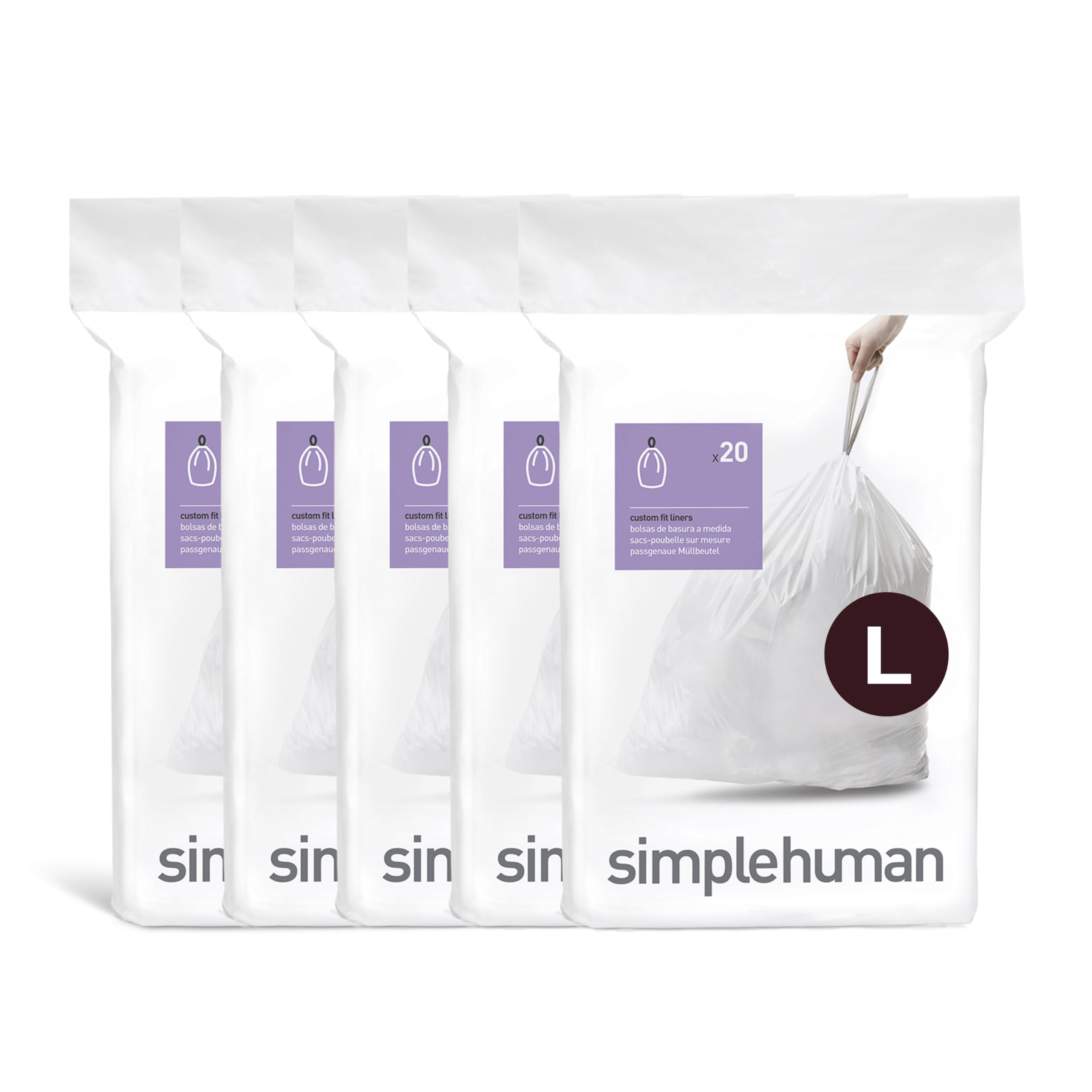 simplehuman Code L 100 Count, Dispenser Pack Custom Fit Liners, Drawstring Trash Bags, 18 Liter / 4.7 Gallon, White