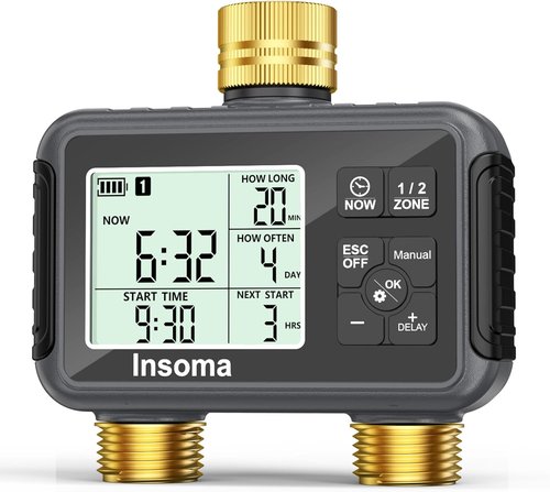Insoma Water Timer - Brass Inlet & Outlet | 2-Zone Outdoor Hose Timer for Garden Irrigation