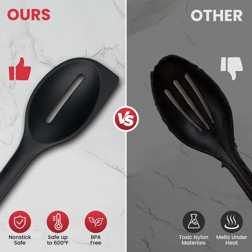 Silicone Spoons for Cooking, 600°F Heat Resistant Cooking Spoon with Solid & Slotted Spoon for Mixing, Serving, Stirring, Scraping, BPA Free Silicone Kitchen Utensil Set, Dishwasher Safe (2Pcs, Black)