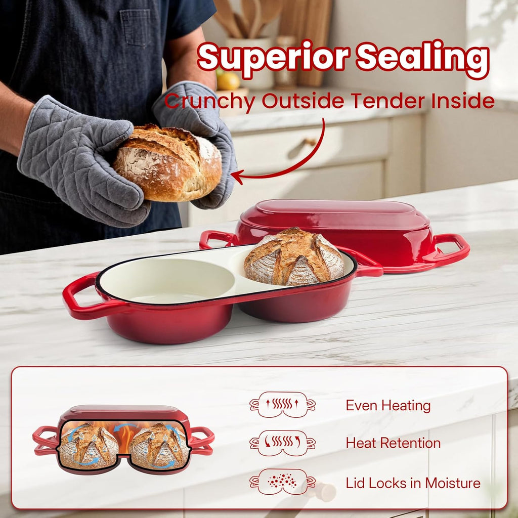 YONILL Mini Double Dutch Oven - Enameled Cast Iron Pot with Lid & 5" Banneton Proofing Basket (Red)