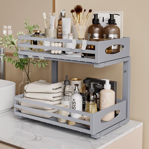 mixeshop Under Sink Organizer, 2 Tier Under Sink Organizers and Storage, Adjustable Height, Slide out Metal Cabinet Organizers, Pull out Cabinet Storage Drawer Shelf for Kitchen Bathroom Gray 1Pack