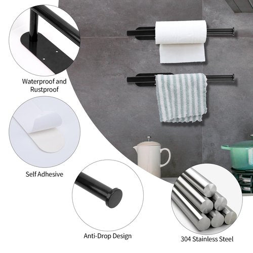 YeeBeny Black Paper Towel Holder Kitchen Roll Holder, Paper Towel Holder - Self Adhesive or Drilling, Under Cabinet Paper Towel Rack, Wall Mounted Paper Towel(Black)