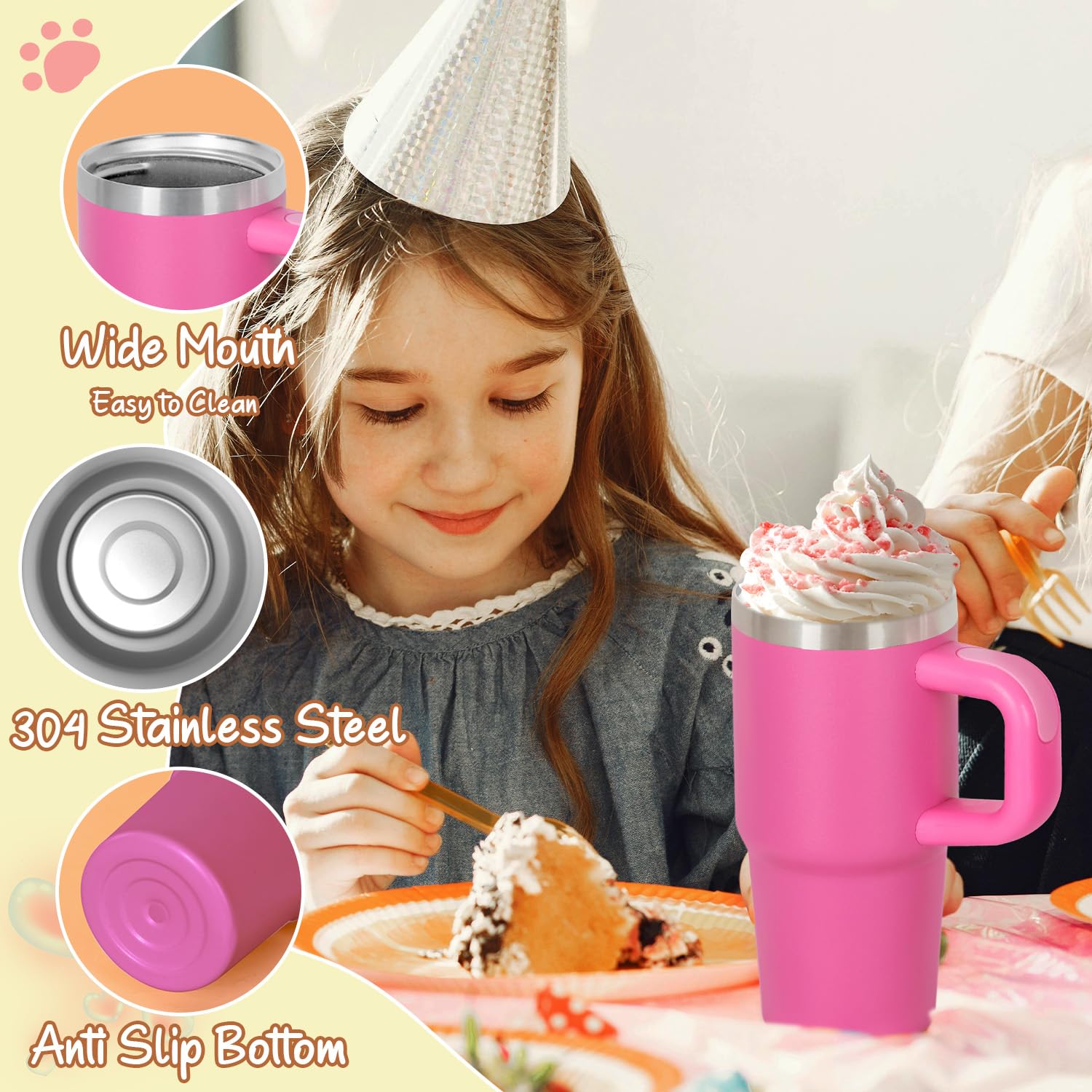 Cosictic 14 Oz Tumbler with Handle and Straw for Kids, Stainless Steel Double Wall Vacuum Insulated Cup for Children, 14 Oz Cups for Kids (Hot Pink)