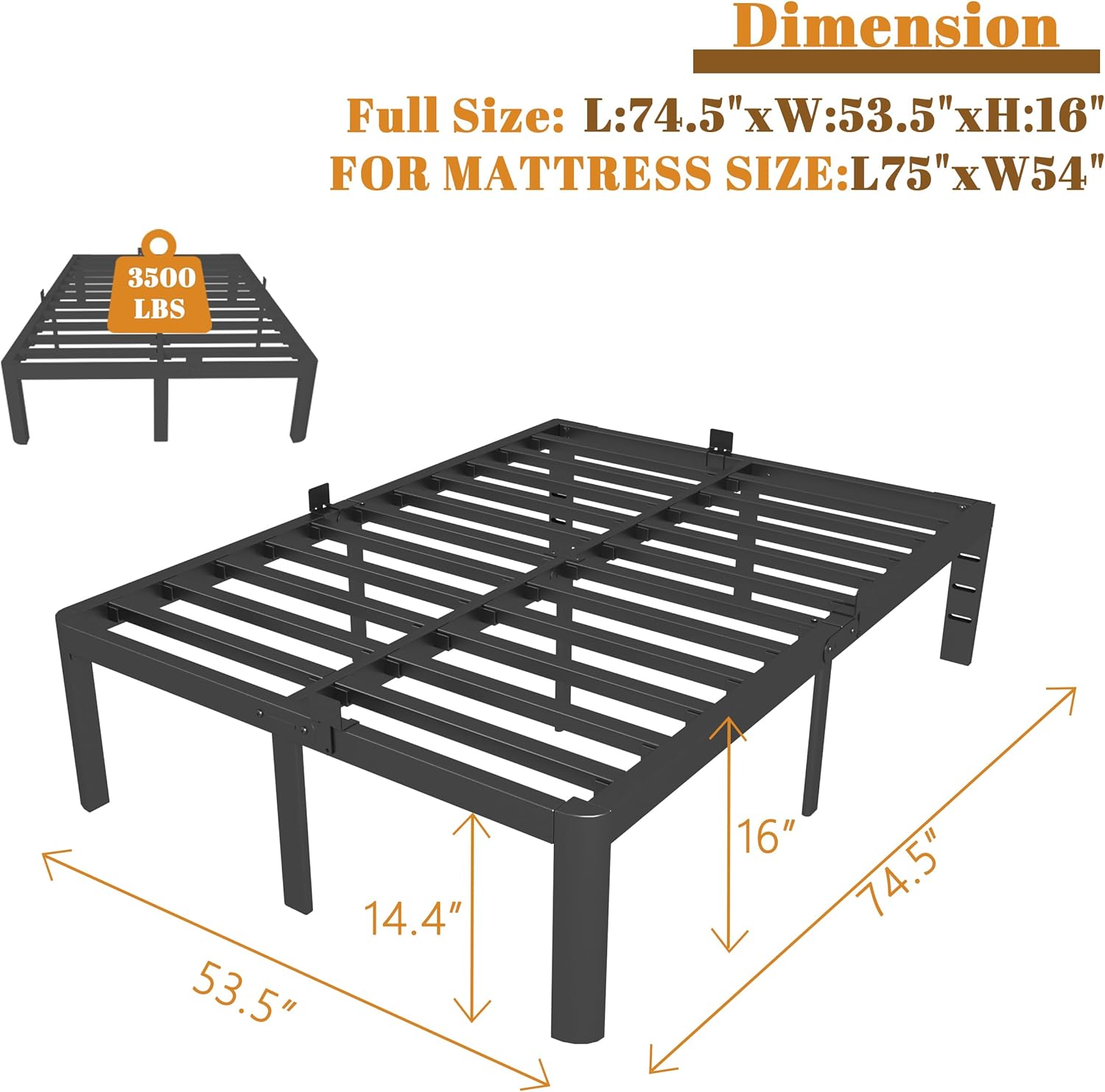 Metal Platform Bed Frame by [Brand Name] - 16 Inch Full Size, Heavy Duty Steel, No Box Spring Needed, Easy Assembly
