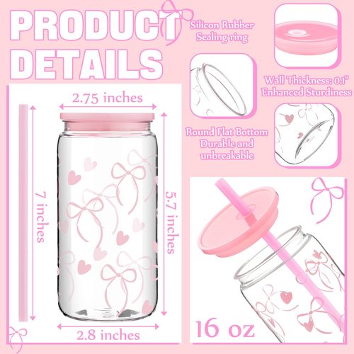 Yetene 8 Pcs Coquette Bow Plastic Cups with Lids and Straws 16 oz Acrylic Mason Jars Aesthetic Reusable Bottles Iced Coffee Mug Beer Glass Tumbler for Birthday Coquette Party(Bow,Pink)