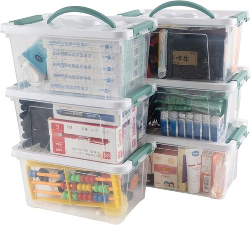 Eslite 6 Quart Clear Plastic Stackable Storage Bins - Latching Box with Handle & Lid, Pack of 6 (Green Handle)