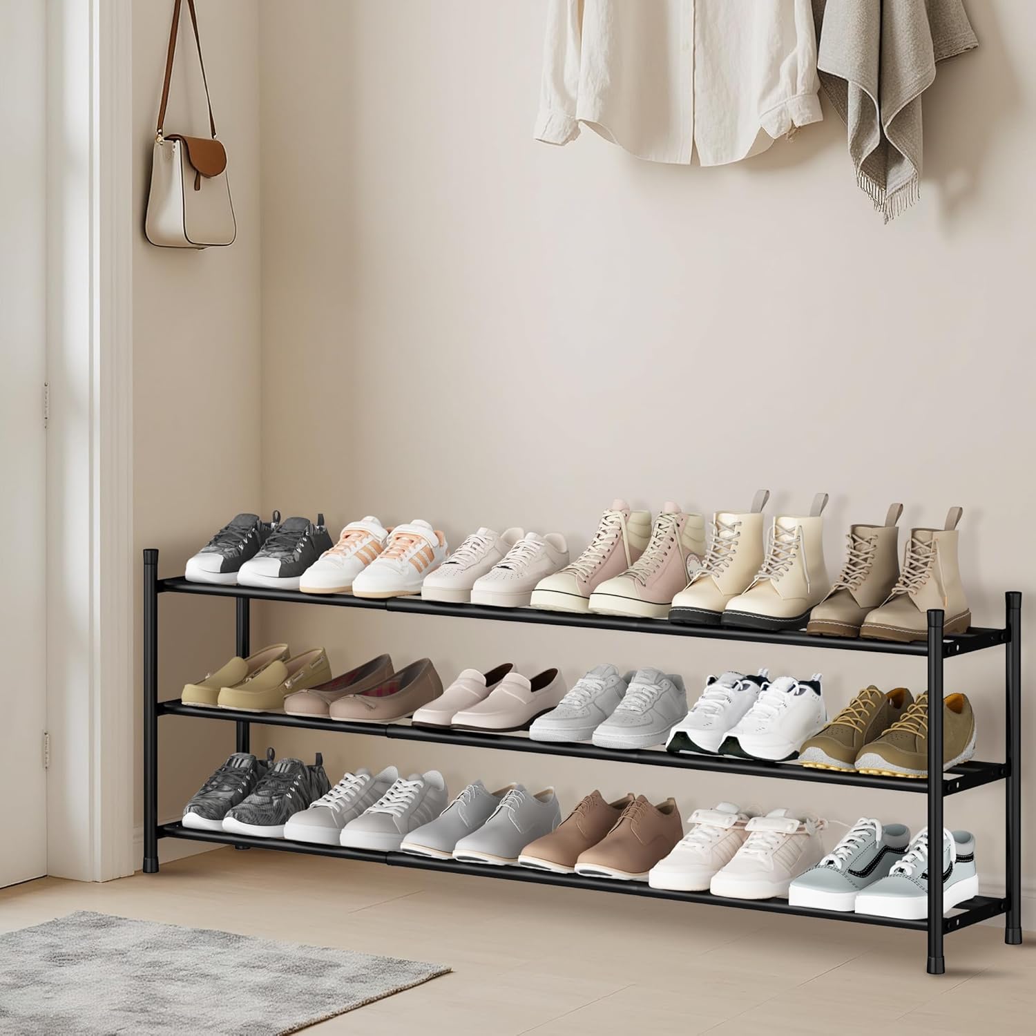 Storage Maniac Expandable Shoe Rack - Adjustable 3-Tier Metal Organizer for 18 Pairs | Freestanding Design for Closet & Entryway