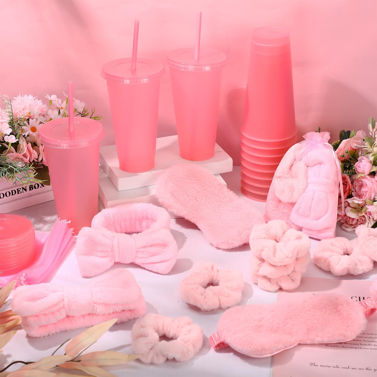Wavyknot 60 Pcs Spa Party Supplies Bulk Include 12 Bow Hairbands 12 Sleep Eye Mask 12 Hair Scrunchies 12 Glitter Cups 12 Organza Bag for Women Sleepover Slumber Spa Party Favor(Pink)