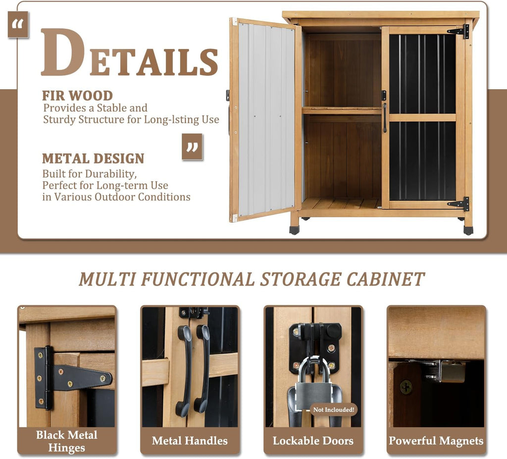 PetsCosset Weatherproof Outdoor Storage Cabinet - Lockable Wood & Metal Shed for Tools, Lawn Equipment & Pool Accessories