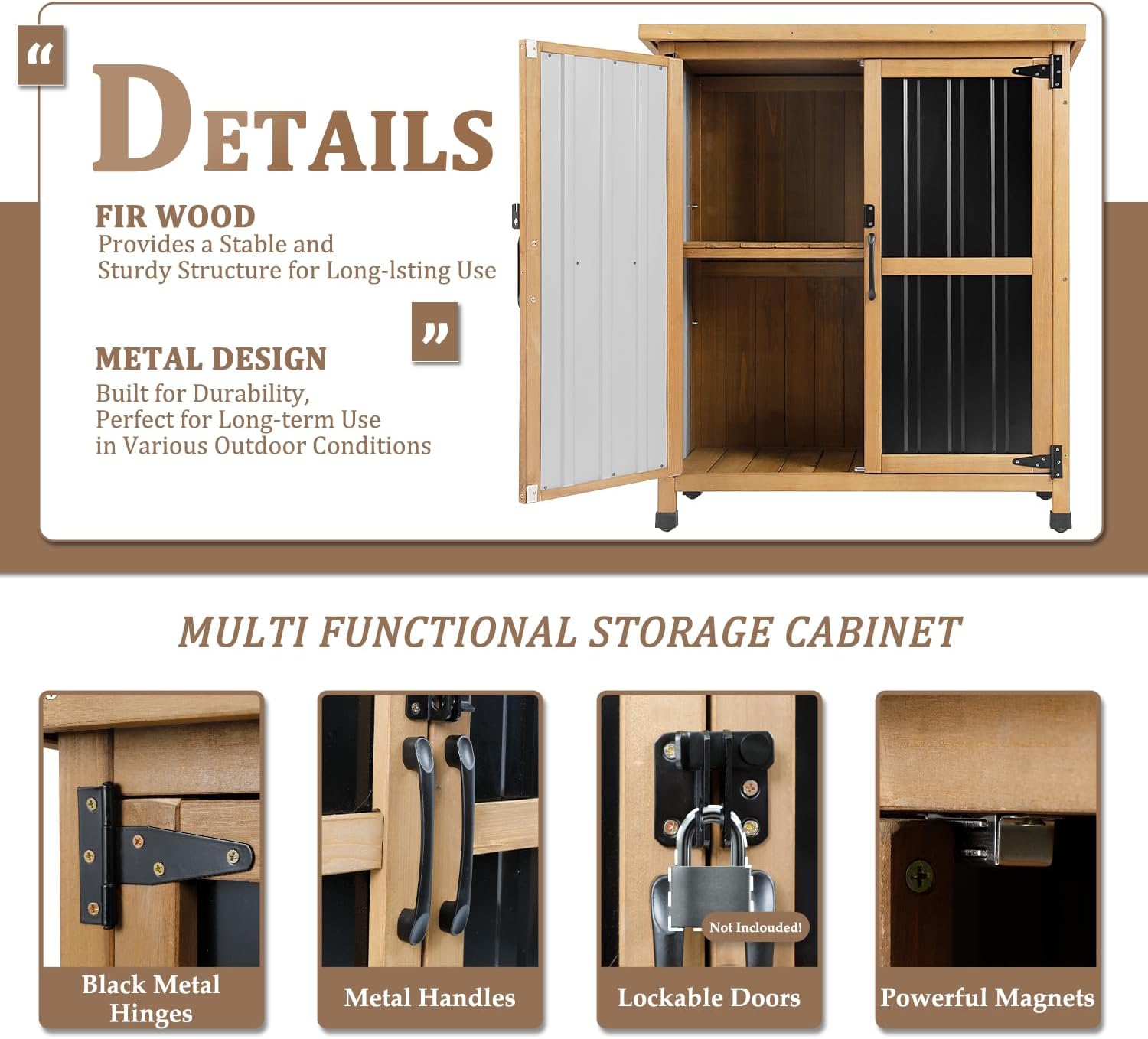 PetsCosset Weatherproof Outdoor Storage Cabinet - Lockable Wood & Metal Shed for Tools, Lawn Equipment & Pool Accessories