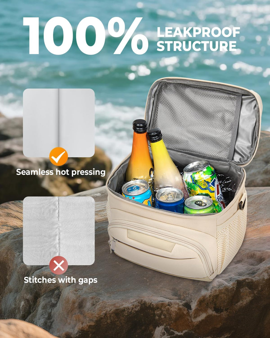 Skiennix Insulated Lunch Box - Leakproof Soft Cooler Tote Bag with Adjustable Strap for Adults | Beige, 12-Can (8L)