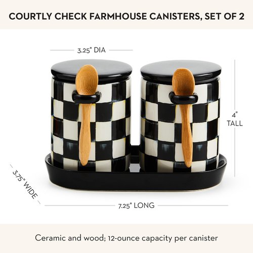 MACKENZIE-CHILDS Set of 2 Farmhouse Canister, Lidded Kitchen Canister with Spoon, Black-and-White Courtly Check