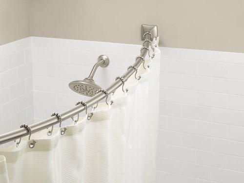 Moen SR2201BN Shower Curtain Rings (Pack of 12), Brushed Nickel AND Moen CSR2164BN 72 in. Permanent Mount Adjustable Curved Shower Rod, Brushed Nickel