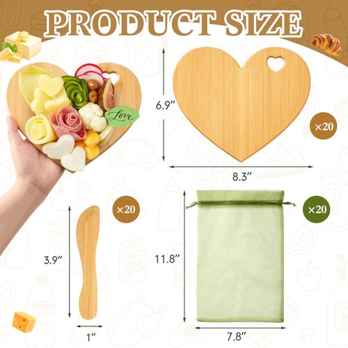 Nuenen 20 Pcs Mini Wooden Charcuterie Board Bulk, Small Wood Cutting Board for Crafts Laser Engraving with Knives Organza Bags Wedding Baby Shower Favors Gift (Heart,Bamboo Color)