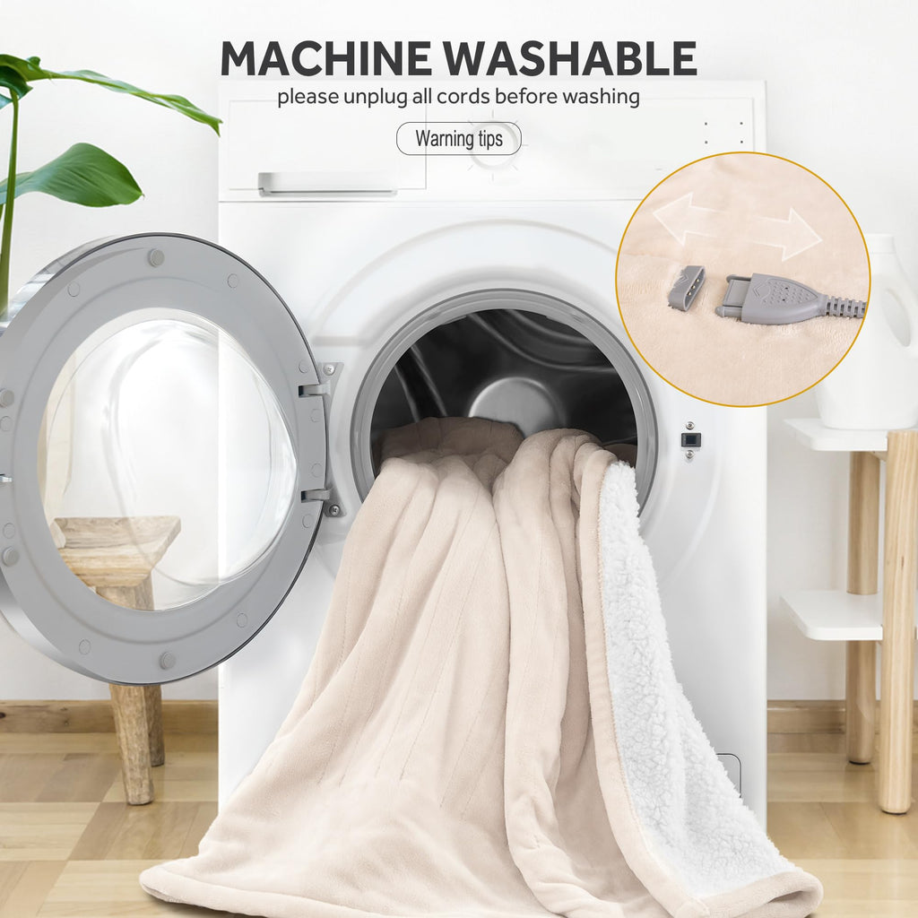 Warmrest Heated Blanket Electric Throw Soft Flannel Sherpa, 6 Heat Levels Fast Heating, 2 to 10 Hours Auto-Off Detachable Controller Machine Washable, Beige 50"x60"