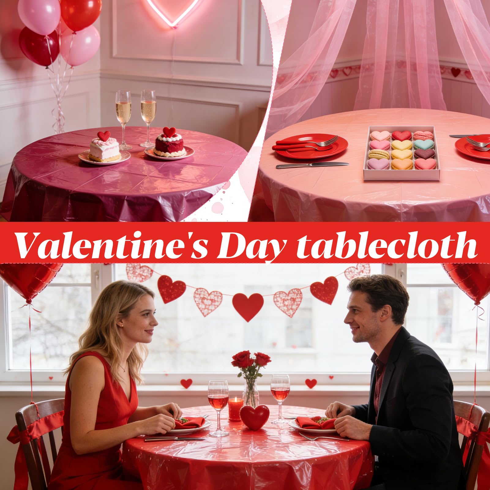 CIEOVO 12 Pcs Valentine's Day Plastic Tablecloths, Disposable Round Red Pink Table Cover 84 Inch Waterproof Table Covers for Valentine's Day Family Wedding Birthday Bridal Shower Party Decorations