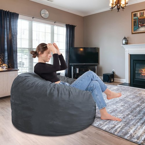 SEASXOLTE Bean Bag Chair 3Ft, Memory Foam Filled, Removable Velvet Cover, Bean Bag Chairs for Adults and Teens, Round Sofa Chair for Living Room, Bedroom and Gaming Room, Grey
