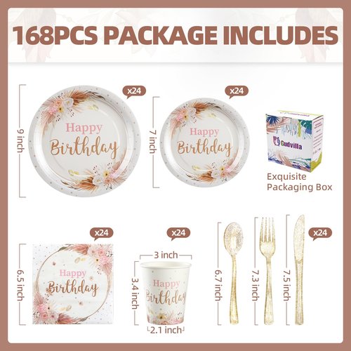 Gudvilla Boho Birthday Decorations for Women, Neutral Birthday Plates and Napkins Party Supplies 168Pcs, Happy Birthday Plates and Napkins Set for Boho Floral Champagne Cream Beige Party, Serve 24