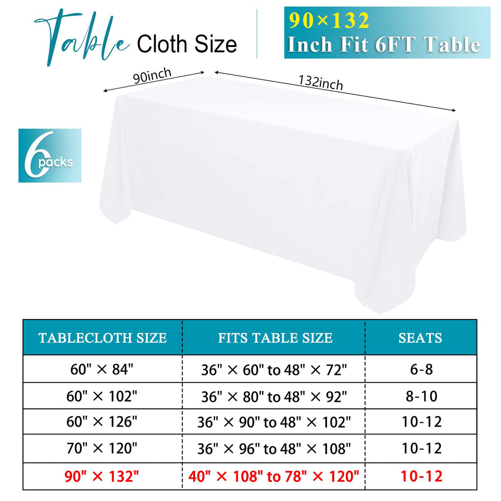 Kesfey 6 Packs White Polyester Table Cloths 90 x132 inch Rectangle High Density Tablecloth Fabric Tablecover for 6 Foot Tables Wrinkle Resistant Washable Table Cloth for Wedding Celebration Buffet