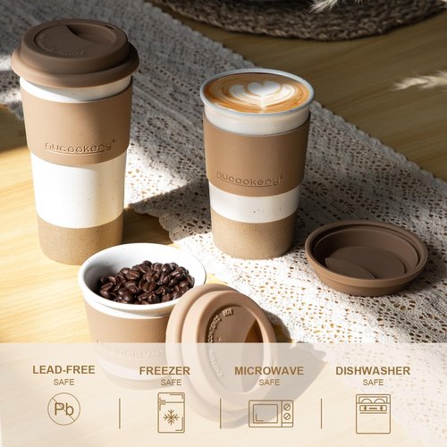 Nucookery Ceramic Travel Coffee Mug Set, Coffee Tumbler with Silicone Lid and Non-Slip Sleeve, Unique To Go Mug, Gifts for Women & Men, Microwave Safe Cappuccino, Tea, Latte, Iced-Coffee Cups, White