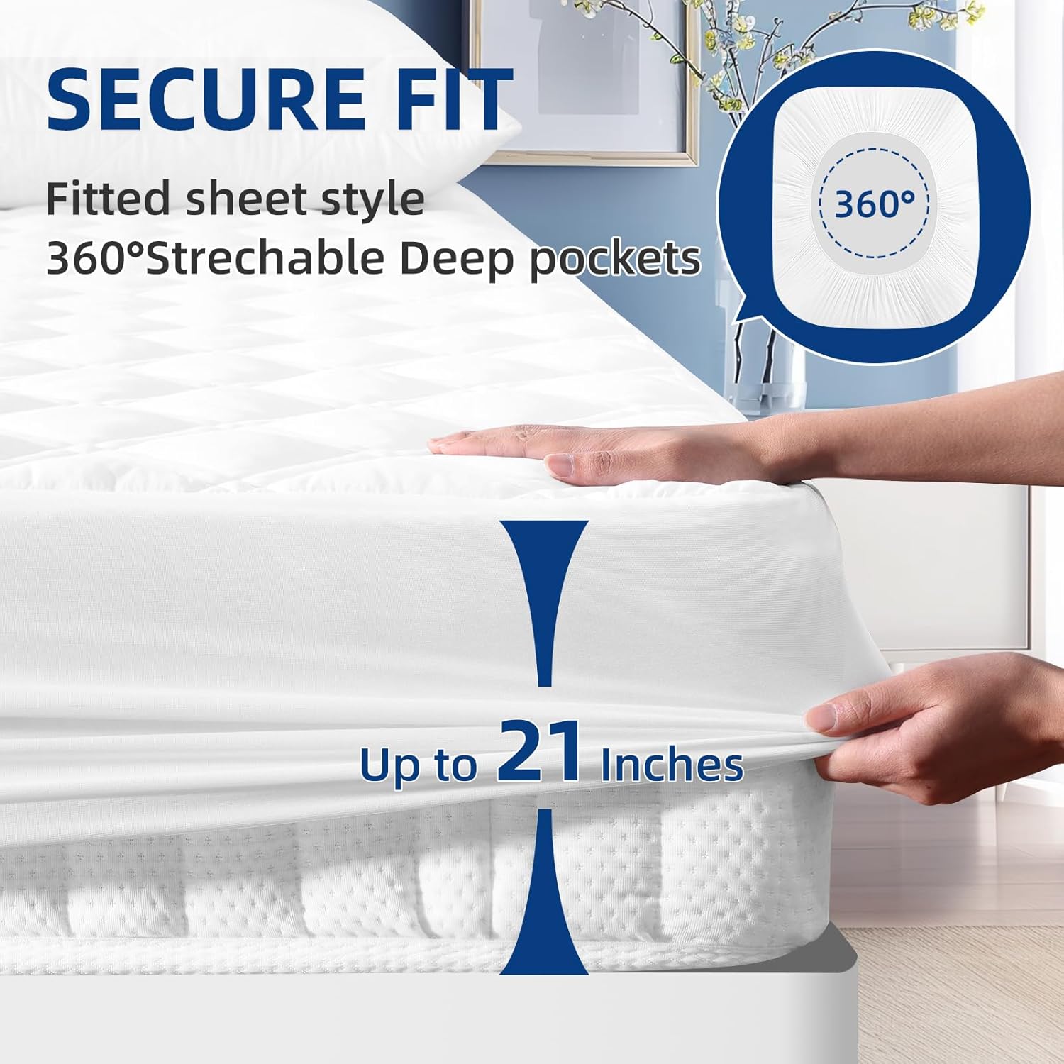 MEELUS Queen Mattress Protector - Breathable Waterproof Fitted Pad Cover | Soft, Noiseless & Washable, White
