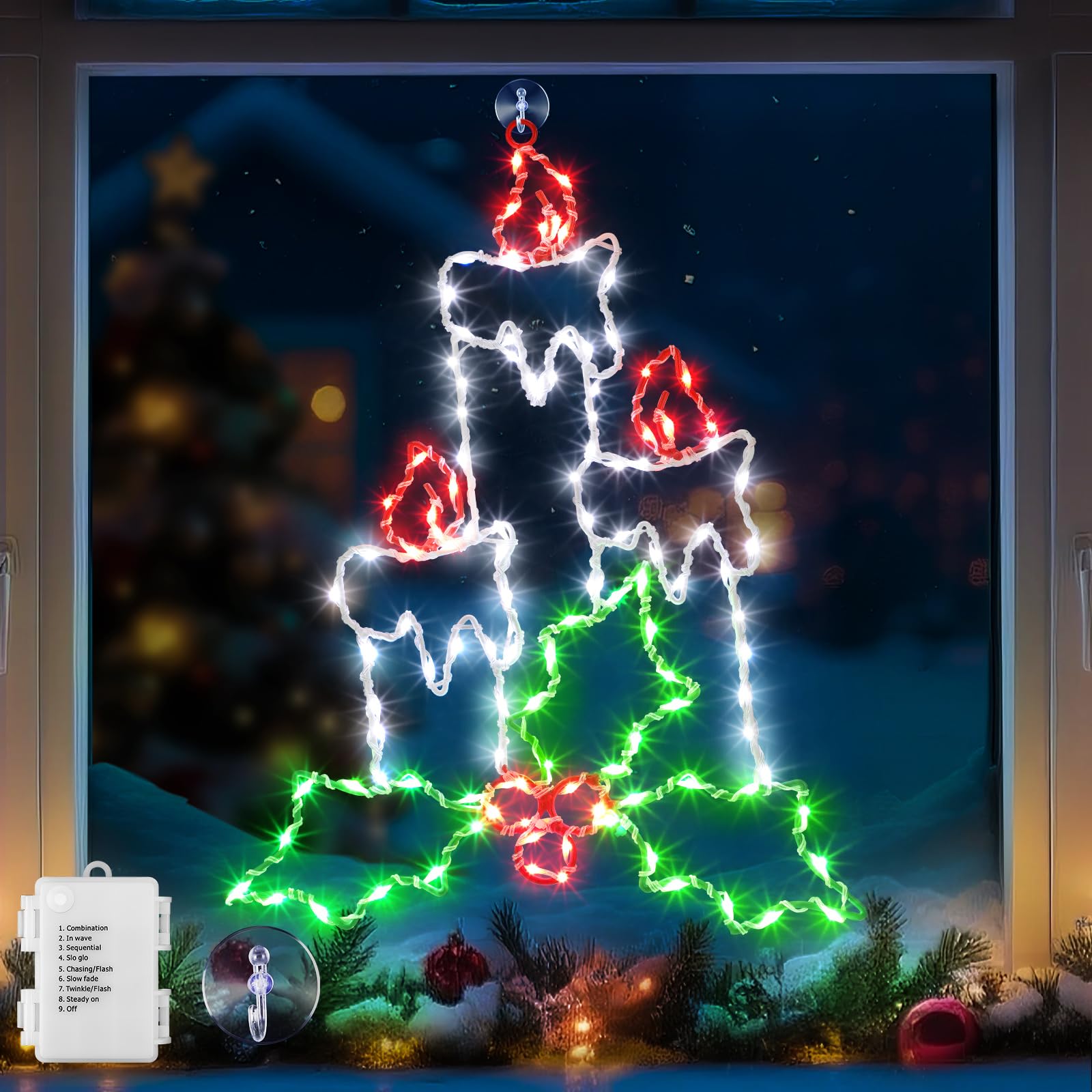 Enhon 15.8" Christmas Window Silhouette Light, Battery Operated Lighted Candles with Holly and Berry, 8 Modes Christmas Silhouette Light with Timer, for Xmas Holiday Indoor Outdoor Decor(1 Pack)