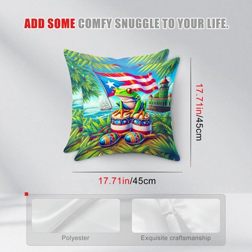 HOMETITUTE Set of 2 Puerto Rico Throw Pillow Covers 18x18 Inch Soft Decorative Coqui Frog Flag Drum Maracas Cushion Covers Tropical Island Culture Pillow Cases for Sofa Couch Bed Home Decor