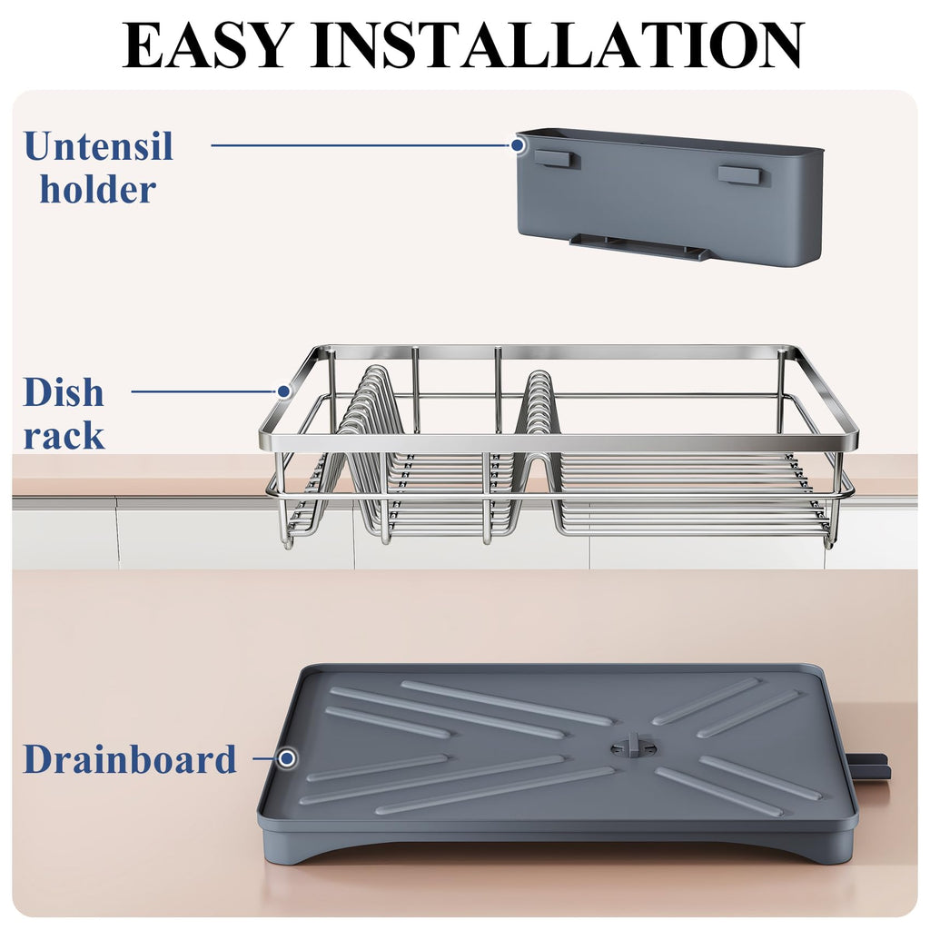 SNTD Dish Drying Rack for Kitchen Counter - Stainless Steel Dish Rack with Drainboard, Large Dish Drainer with Utensil Holder for Sink, Silver